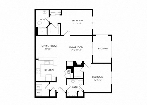 Floor plan for 2 beds, 2 baths, 1074 sqft